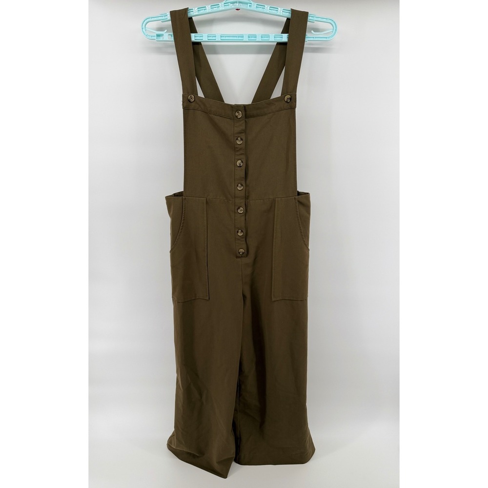 Good Luck Gem Olive Green Button Front Wide Leg Overalls Jumpsuit Womens Large L